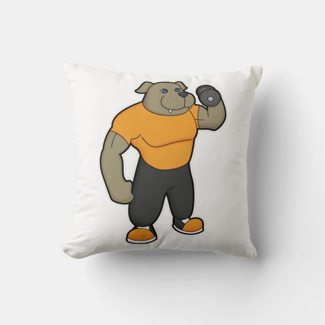 Dog at Fitness with Dumbbell Throw Pillow (Front)