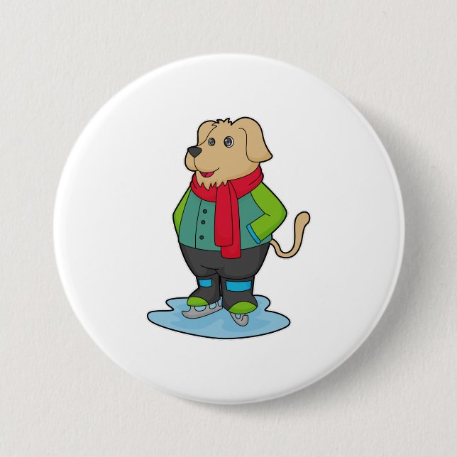 Dog at Ice skating with Ice skates Button (Front)