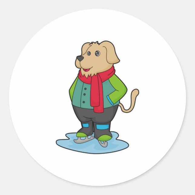 Dog at Ice skating with Ice skates Classic Round Sticker (Front)
