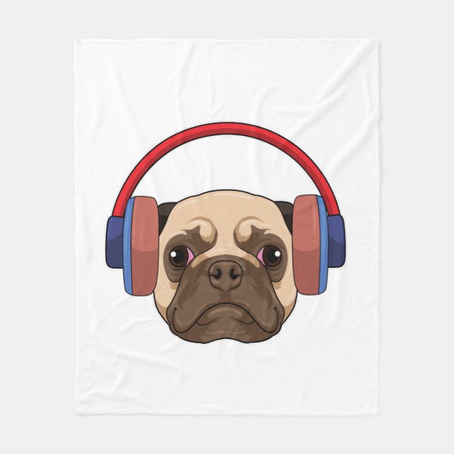 Dog at Music with Headphone Fleece Blanket (Front)