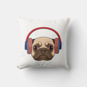 Dog at Music with Headphone Throw Pillow