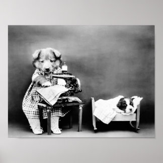Dog At Sewing Machine - Making Baby's Clothes Poster