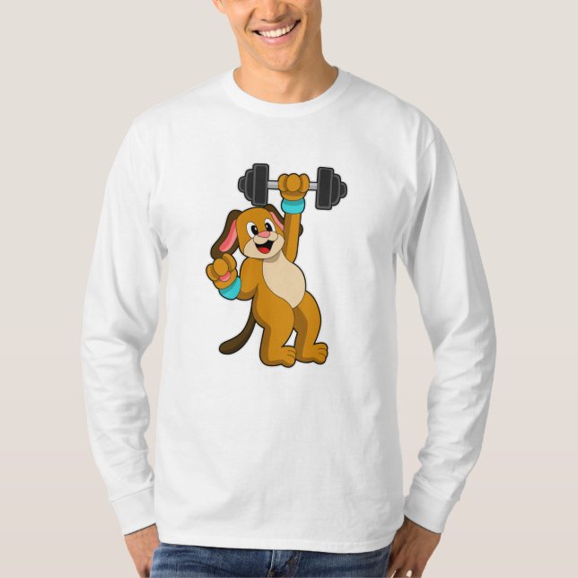 Dog at Strength training with Dumbbell T-Shirt (Front)