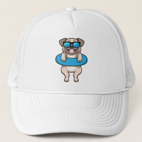 Dog at Swimming with Swim ring  Sunglasses Trucker Hat