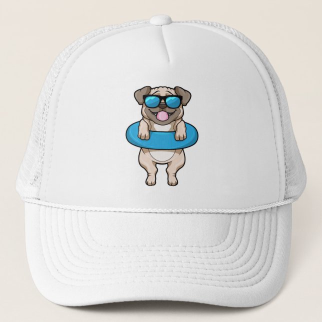 Dog at Swimming with Swim ring & Sunglasses Trucker Hat (Front)