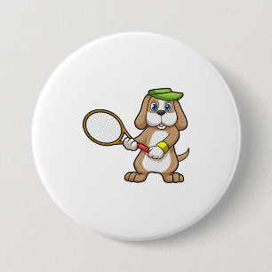 Dog at Tennis with Tennis racket & Cap Button