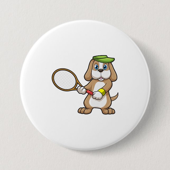 Dog at Tennis with Tennis racket & Cap Button (Front)