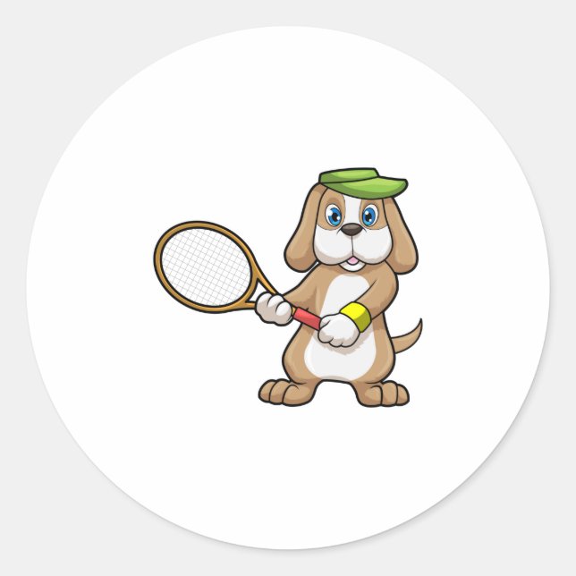 Dog at Tennis with Tennis racket & Cap Classic Round Sticker (Front)