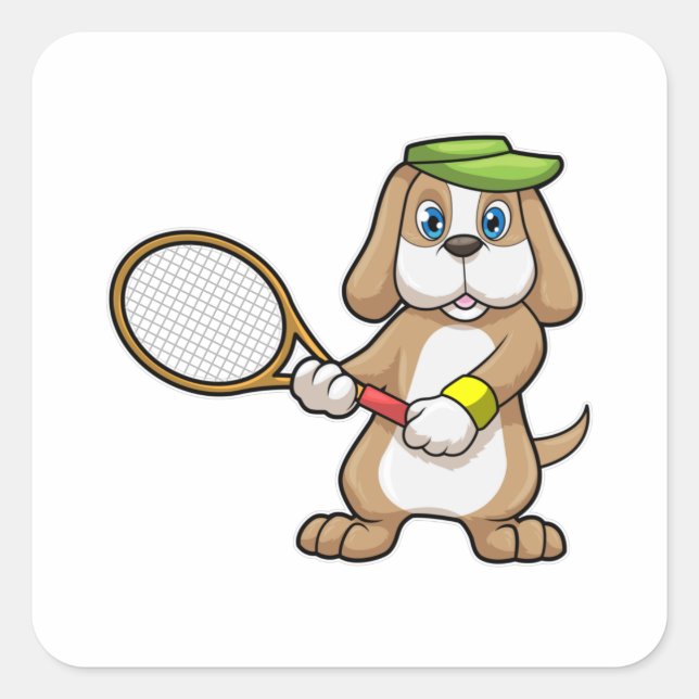Dog at Tennis with Tennis racket & Cap Square Sticker (Front)