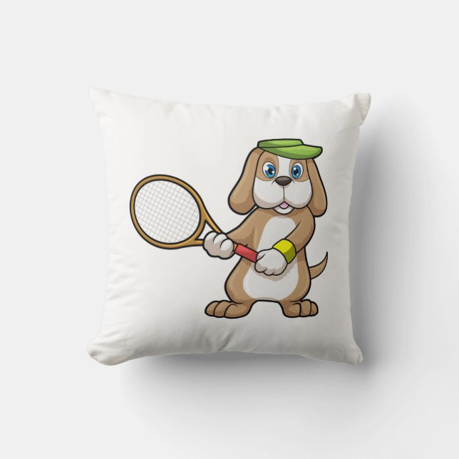 Dog at Tennis with Tennis racket & Cap Throw Pillow (Front)