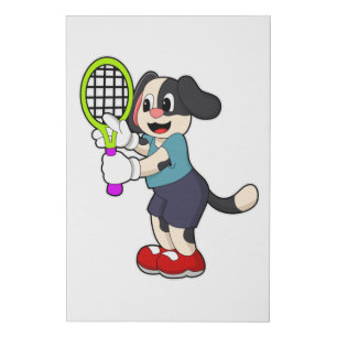 Dog at Tennis with Tennis racket Faux Canvas Print