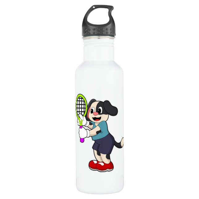 Dog at Tennis with Tennis racket Stainless Steel Water Bottle (Front)