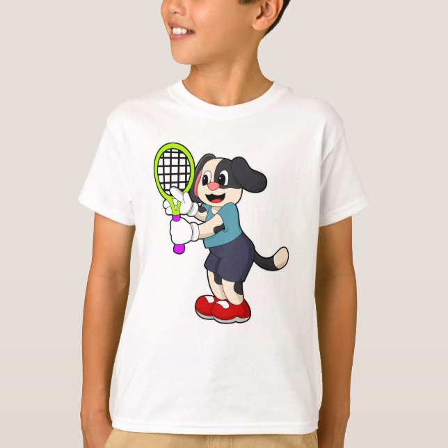 Dog at Tennis with Tennis racket T-Shirt (Front)