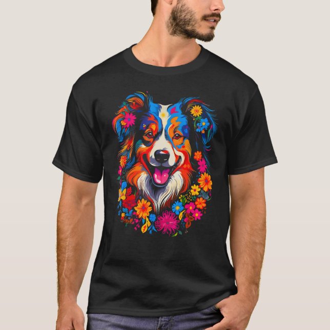 Dog Australian Shepherd Love Peace Flowers T-Shirt (Front)