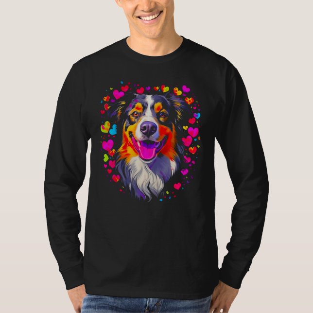 Dog Australian Shepherd Pink Red Hearts T-Shirt (Front)