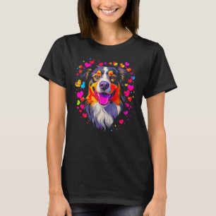 Dog Australian Shepherd Pink Red Hearts T-Shirt
