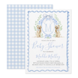 Dog Baby Shower Preppy Boy Puppy Blue Gingham Invitation