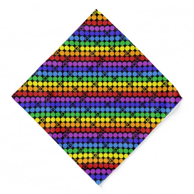 Dog Bandana - Rainbow dots paw prints on black (Front)