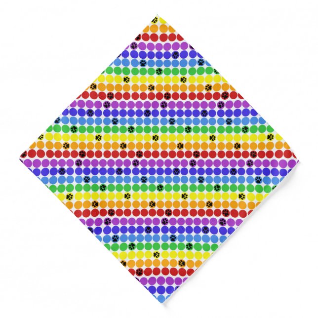 Dog Bandana - Rainbow dots paw prints on white (Front)