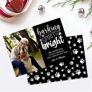 DOG BARKING SPIRIT BRIGHT PAWS BLACK CHRISTMAS HOLIDAY CARD