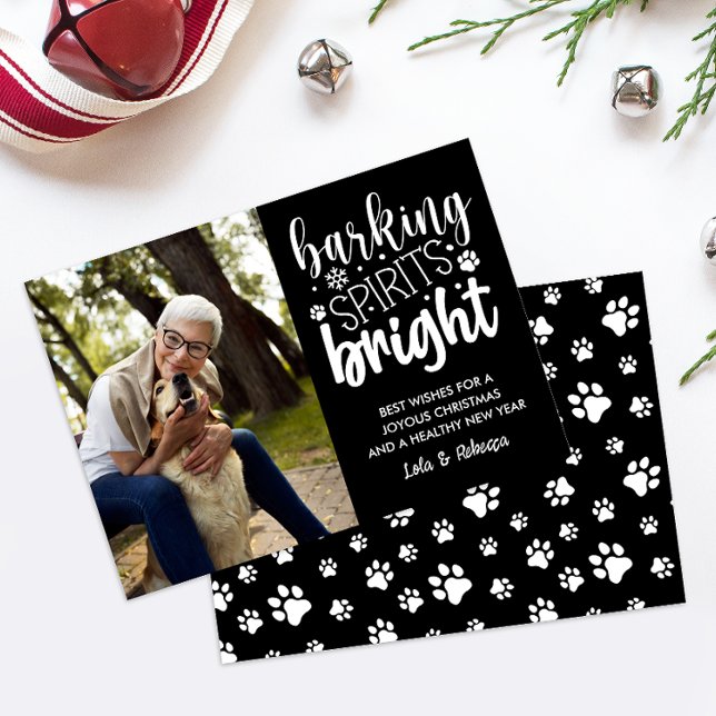 DOG BARKING SPIRIT BRIGHT PAWS BLACK CHRISTMAS  HOLIDAY CARD (SAVE MONEY SEND DIGITAL CARDS THIS SEASON AS CHRISTMAS GREETINGS WITH DOG THEMED CARD WITH PET PHOTO)