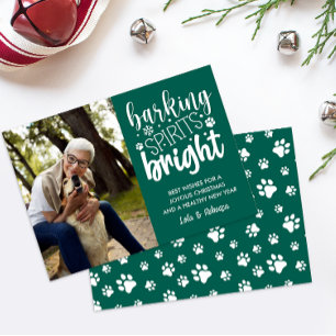 DOG BARKING SPIRIT BRIGHT PAWS GREEN CHRISTMAS HOLIDAY CARD