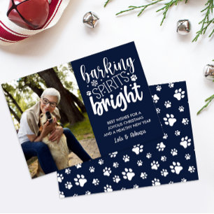DOG BARKING SPIRIT BRIGHT PAWS NAVY CHRISTMAS HOLIDAY CARD