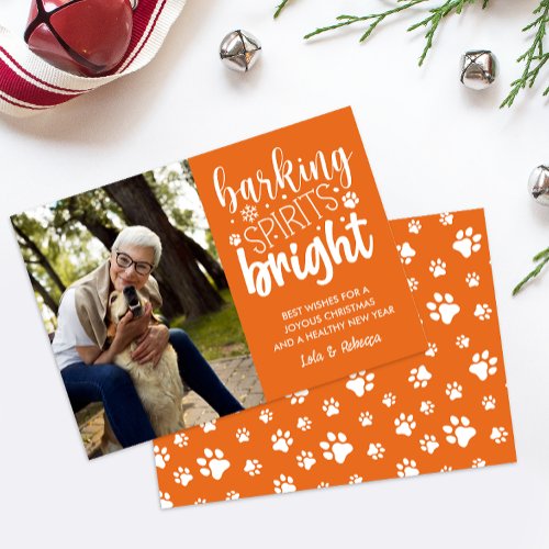 DOG BARKING SPIRIT BRIGHT PAWS ORANGE CHRISTMAS  HOLIDAY CARD