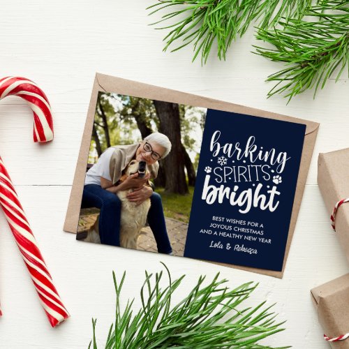 DOG BARKING SPIRIT BRIGHT PET NAVY BLUE CHRISTMAS  HOLIDAY POSTCARD