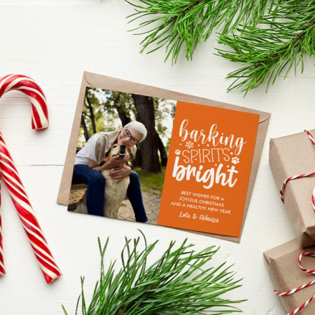 DOG BARKING SPIRIT BRIGHT PET ORANGE CHRISTMAS  HOLIDAY POSTCARD (ORANGE WHITE FALL DOG CHRISTMAS ELEGANT POSTCARD WITH FROM THE DOG ADD YOU PICTURE OF FURRY DOG)
