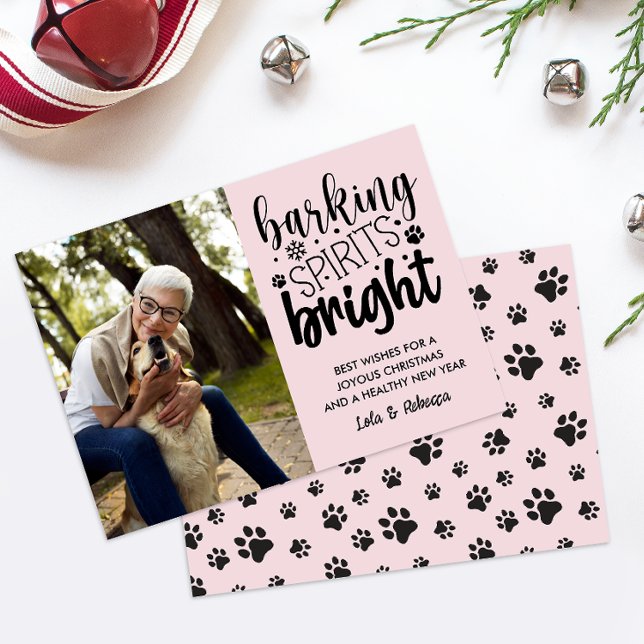 DOG BARKING SPIRIT BRIGHT PET PINK CHRISTMAS  HOLIDAY CARD (CALLING ALL DOG LOVER! PET-THEMED CHRISTMAS PHOTO CARD AVAILABLE FOR DIGITAL DOWNLOAD PAW PRINTS )