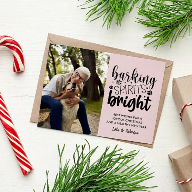DOG BARKING SPIRIT BRIGHT PET PINK CHRISTMAS  HOLIDAY POSTCARD (pink black dog-themed christmas photo postcard for puppy lovers, dog owner and new furry friends )