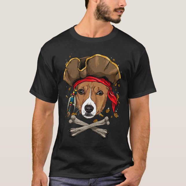 Dog Basenji African Basenji Dog Pirate Jolly Roger T-Shirt (Front)
