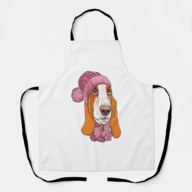 dog Basset Hound breed in knitted hat  Apron (Front)