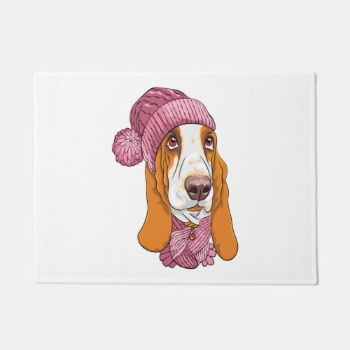 dog Basset Hound breed in knitted hat  Doormat