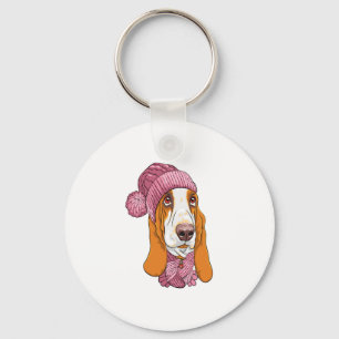 dog Basset Hound breed in knitted hat  Keychain