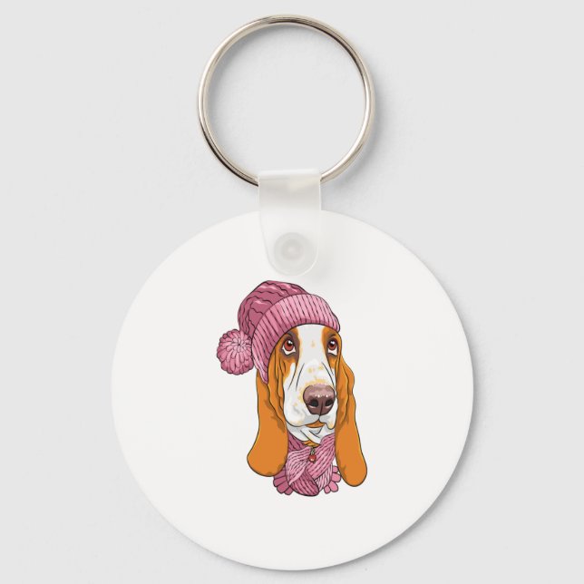 dog Basset Hound breed in knitted hat  Keychain (Front)