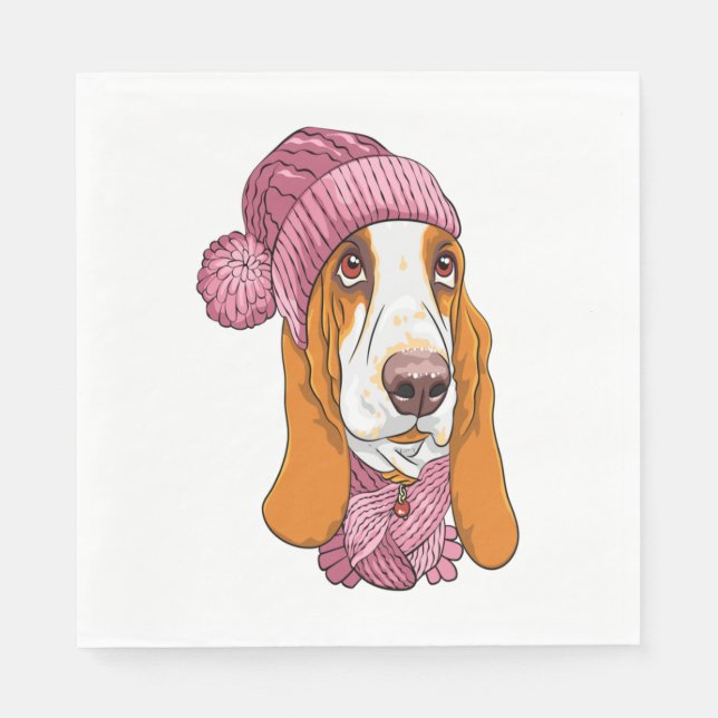 dog Basset Hound breed in knitted hat  Napkins (Front)
