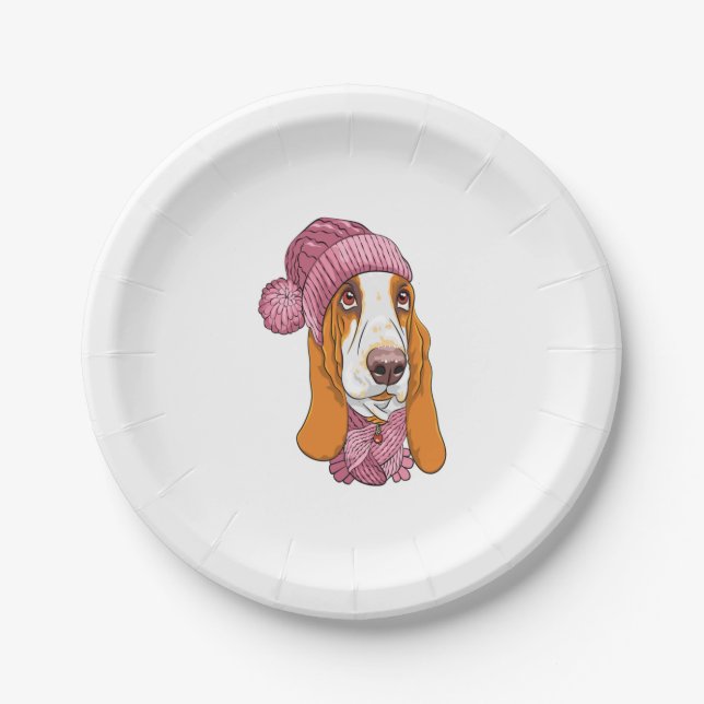dog Basset Hound breed in knitted hat  Paper Plates (Front)