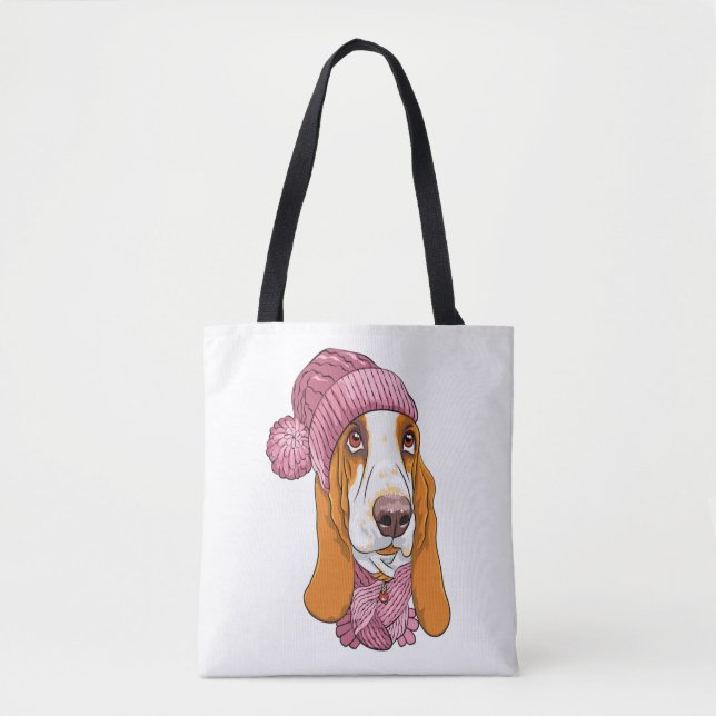 dog Basset Hound breed in knitted hat  Tote Bag (Front)
