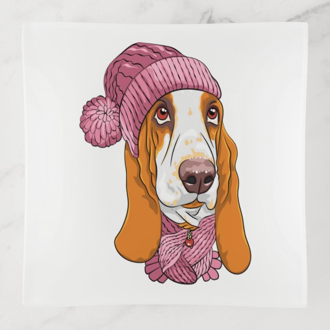 dog Basset Hound breed in knitted hat  Trinket Tray (Front)