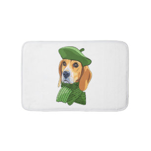 Dog Beagle in green French beret  Bath Mat