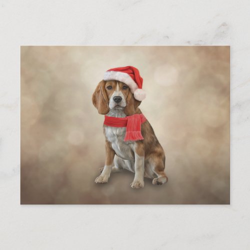 Dog Beagle  in red hat of Santa Claus Postcard
