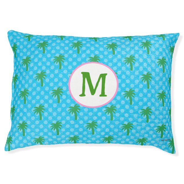 Dog Bed Coastal Blue with Green Palm Tree Custom (Front)