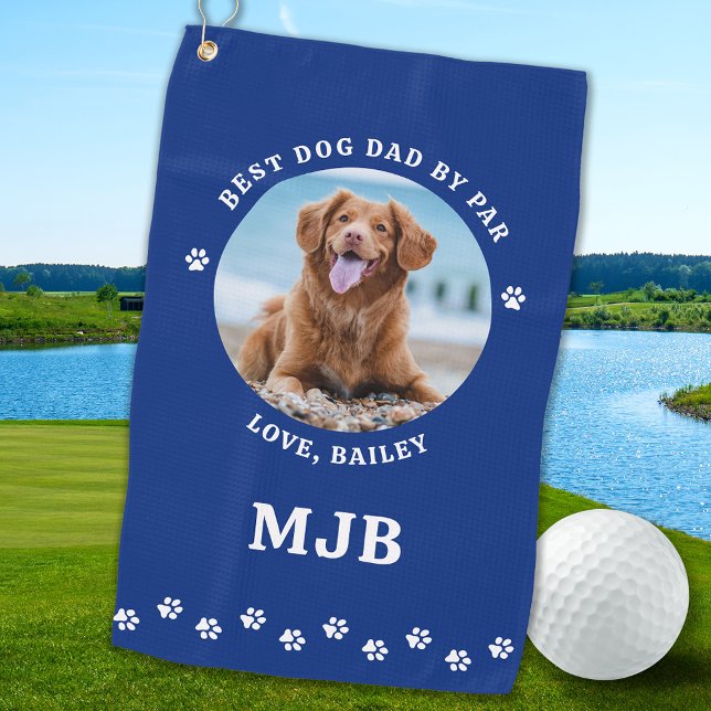 Dog Best Dad Ever Blue Personalized Photo Golf Towel (Creator Uploaded)