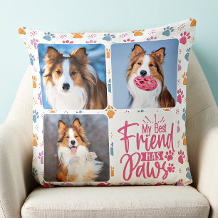 Dog Best Friend Custom 3 Photo Colorful Paw Print Throw Pillow