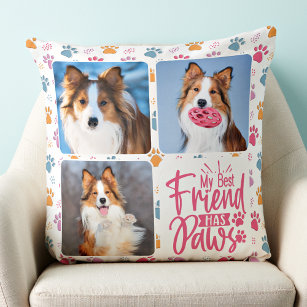 Dog Best Friend Custom 3 Photo Colorful Paw Print Throw Pillow