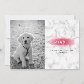 Dog Birthday &amp; Custom Photo &amp; Faux Marble &amp; Pink Invitation