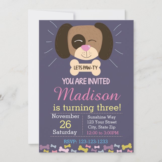 Dog Birthday Invitation (purple) (Front)