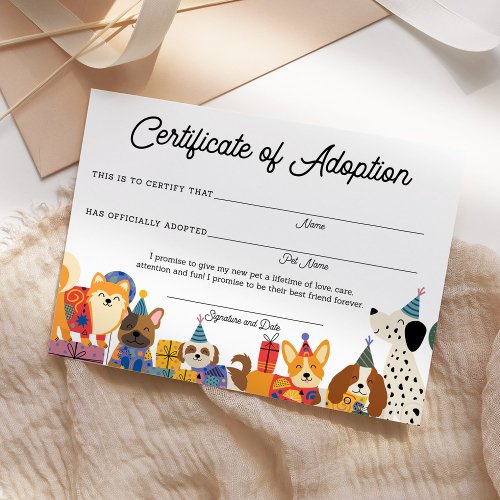 Dog Birthday Lets Pawty Puppy Adoption Certificate